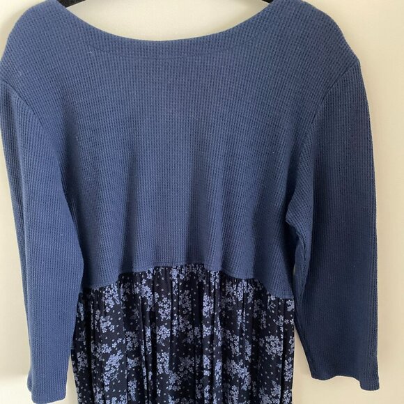 ALGO VINTAGE 3/4 SLEEVE MIDI DRESS NAVY WITH FLORAL SKIRT BUTTONS FRONT POCKETS - Picture 3 of 8